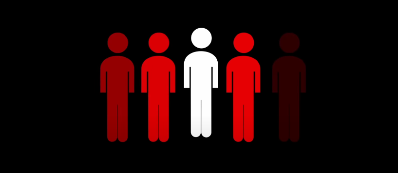 4 Red and 1 white silhouettes of a group of people, representing on realization to be different