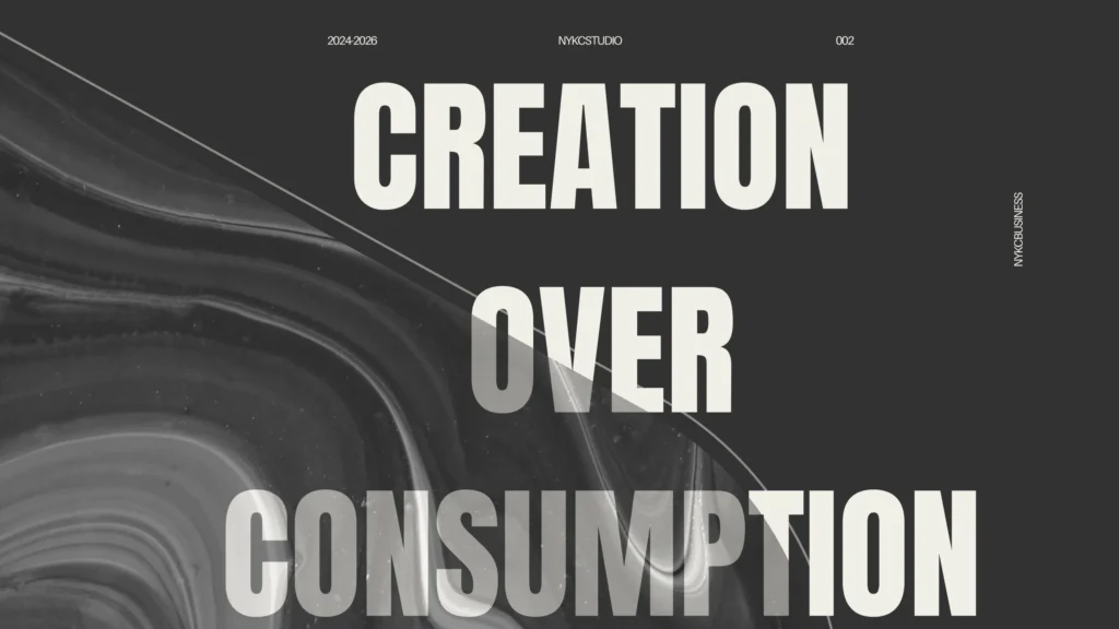 A black and white poster with the words creation over consumption For a better life