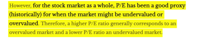 A quote from the blog post ”just keep Buying” on the DollarsAndData website on PE ratio.