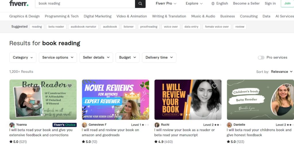 A screenshot on search result in fiverr for book reading gigs  getting 1200+ results