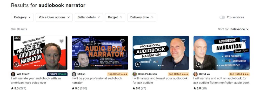 A screenshot on search results in fiverr for audiobook narrator gigs getting only 976 results (less competition)