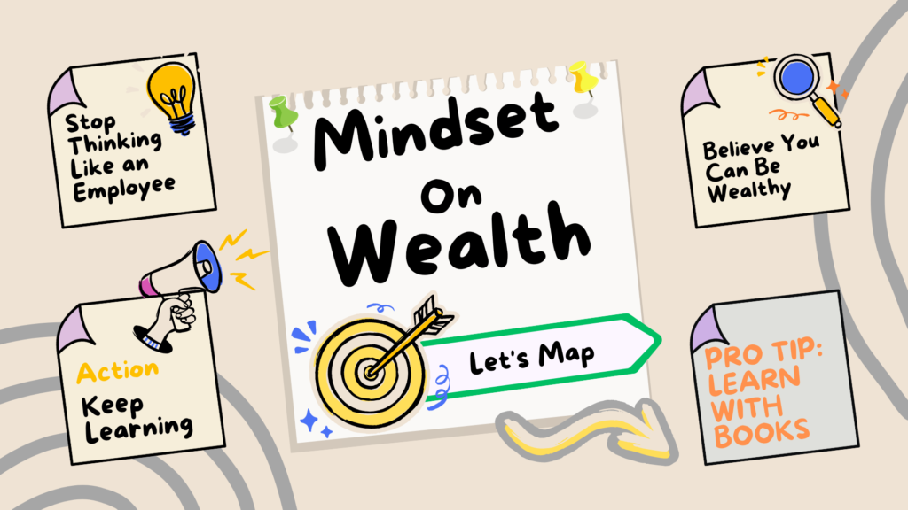 A vision board on mind map of how to attract wealth building mindset