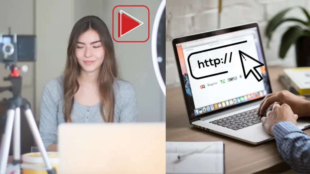 A woman working on a video on the left image and on the right a man working on a creating a website