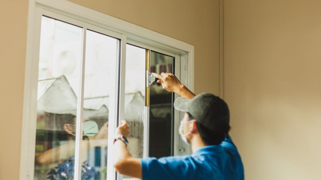 Man using a squeegee to clean the window of a house, removing dirt and grime effectively