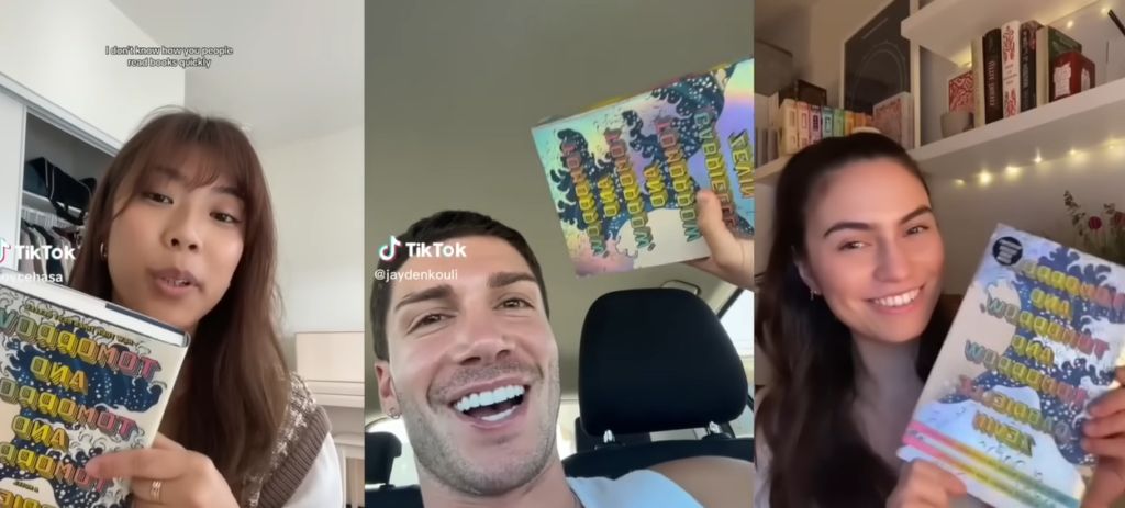 Screenshot of multiple different tiktok around books also know as BookToks in a collage