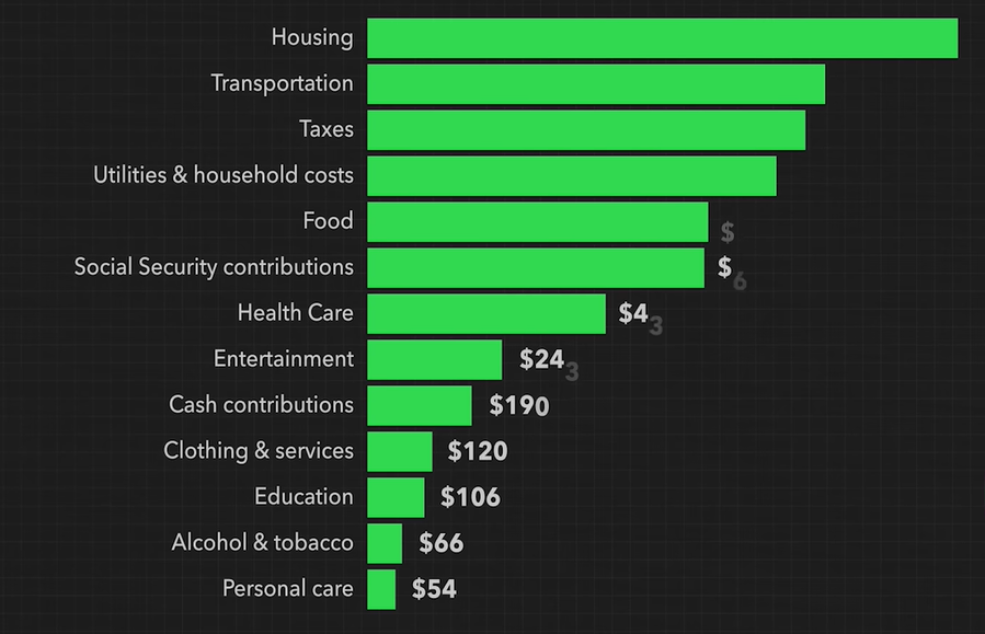 Visual representation of various expenses of a common person in a bar graph covering several aspects housing, personal care etc.