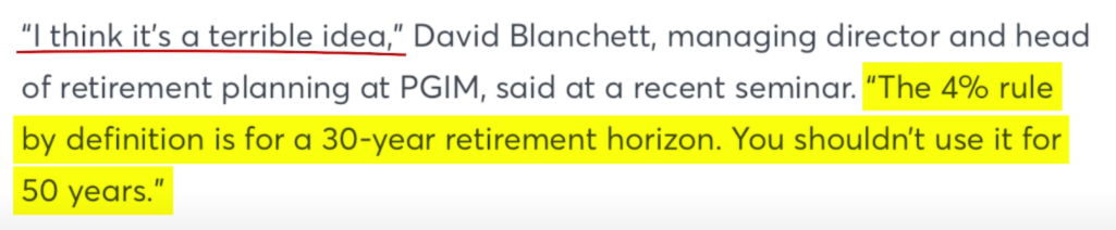 a quote from a finance blog where david blanchett provides his insight on 4% rule effectiveness on 50 year time frame.