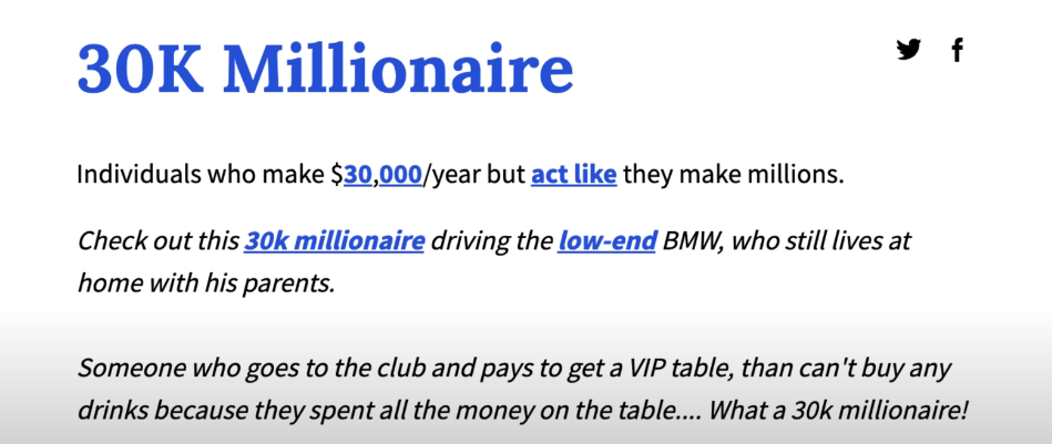 a screenshot of definition of 30k millionaire a slang term