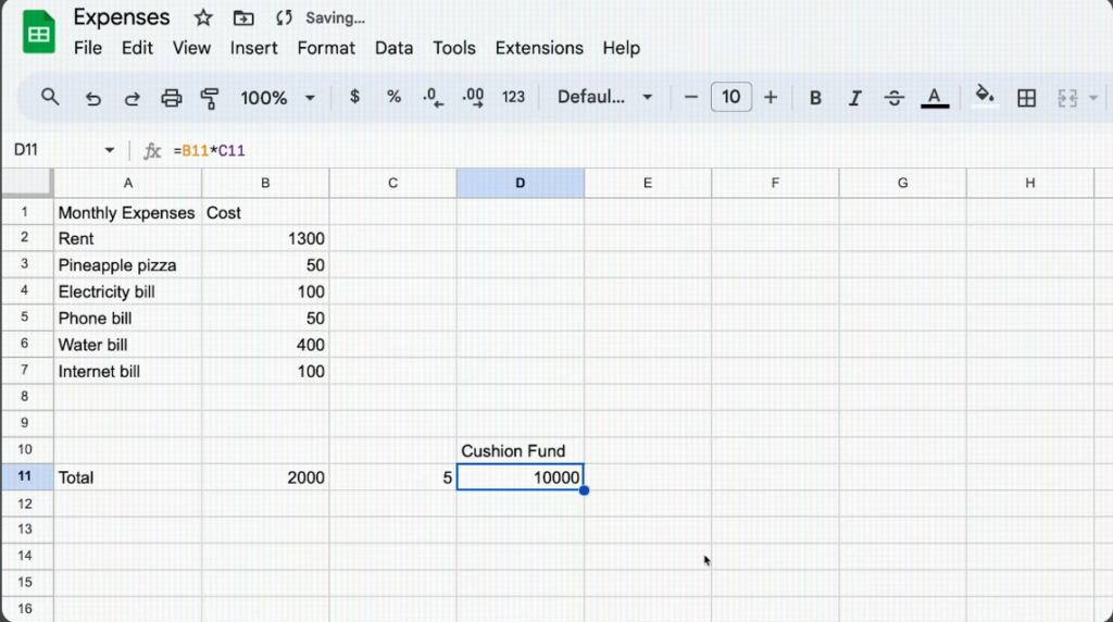 An Excel Sheet Calculation of the Monthly Expenses Along With Cushion Fund.