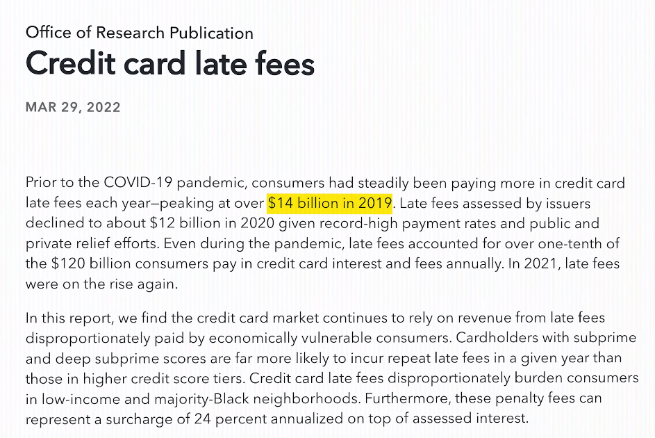 An Article Extract informing the about the credit card late fees peaking at $14 billion in 2019.