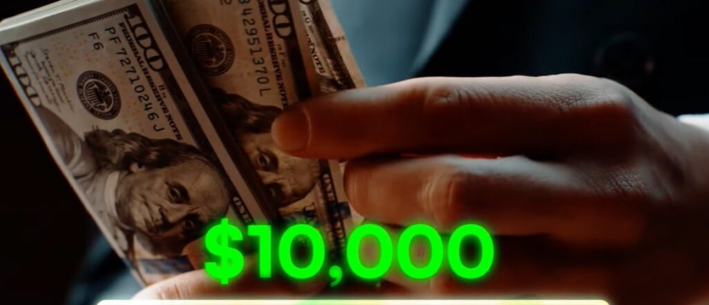 image of a person hand counting notes and a big gradient number text of $10,000 displaying extra money earning potential from side hustles.