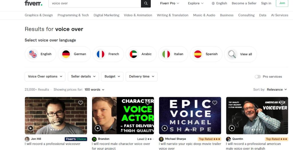 screenshot on search results in fiverr for voiceover gigs getting over 23000 results