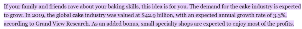 a quote from forbes on growth in demand of cake and the growth rate of 3.3% since 2019 in cake industry