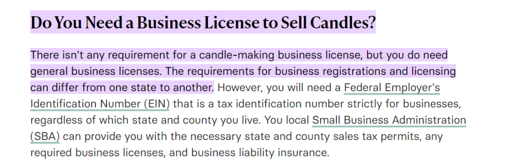 a screenshot of answer from lovetoknow website on business license requirement for selling candles