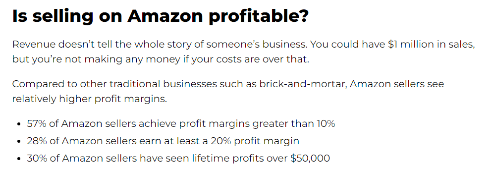 data from junglescout on average seller profit margin from amazon FBA, displaying 57% seller on amazon earn more than 10% profit margin.