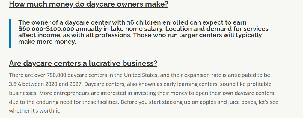 quote from childerncaredesign on average earning potential from a daycare business, as well as how many daycare business are operating in US along with the growth rate of this business model